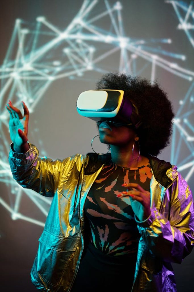 Black woman wearing VR headset, exploring virtual metaverse with illuminated patterns.